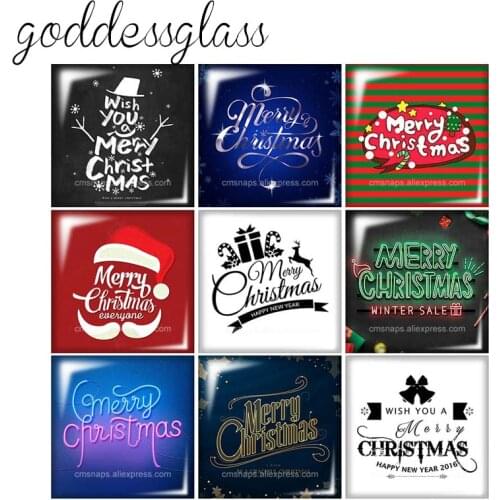 Merry Christmas Art Letters Happy New Year Square 10pcs 12mm/20mm/25mm/30mm glass cabochon flat back DIY Jewelry Findings