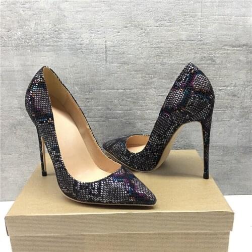 Black pointed toe 12cm high heel exquisite snake print elegant single shoes ladies party shoes plus size 45 YG039 CHENSIR9