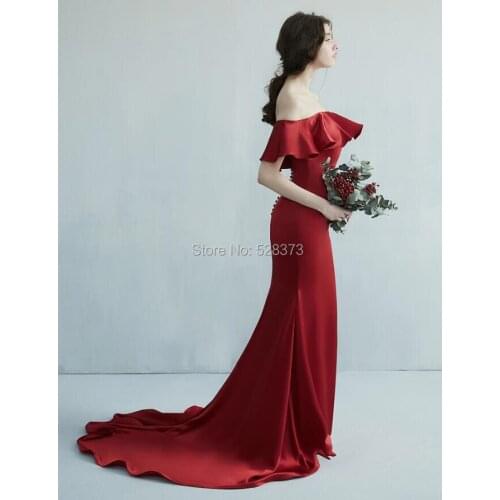 YNQNFS BD38 Elegant Wine Red Satin Off Shoulder Boat Neck Long Mermaid Bridesmaid Dresses Real Pictures