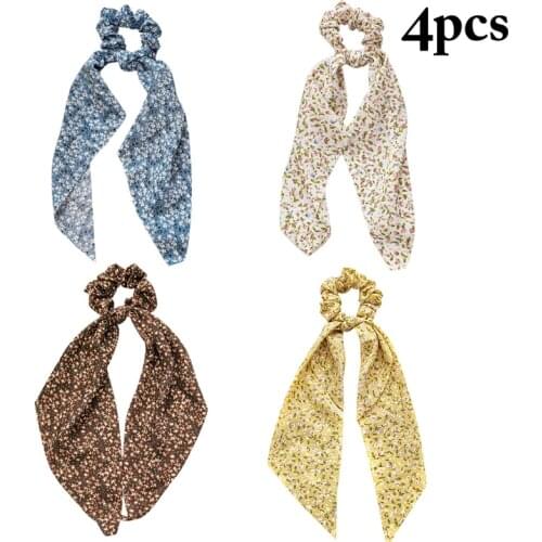 4pcs Fashion Flower Print Bow Girls Elastic Hair Bands Long Ribbon Ponytail Scarf Hair Tie Women Scrunchies Hair Accessories
