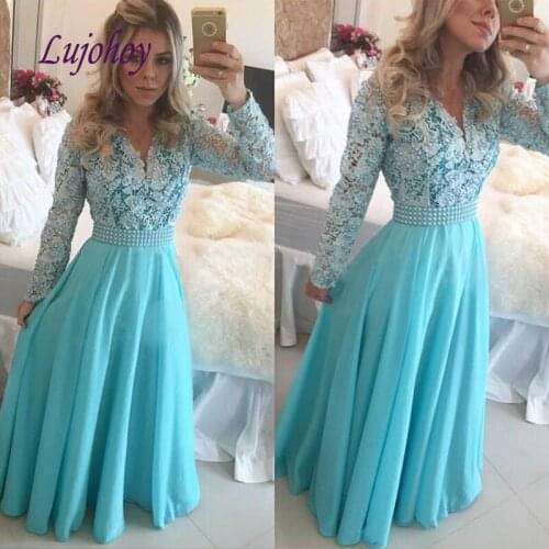Long Sleeve Lace Evening Dresses Party Plus Size Women A Line Ladies Elegant Prom Formal Evening Gowns Dresses 2019