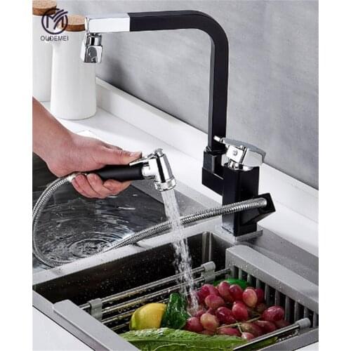 Brass Black Deck Mounted Dual Handle Hot and Cold Sink Tap Kitchen Mixer Pull Out Spray-Gun Kitchen Faucet