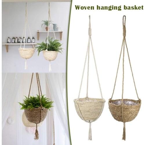 Natural Grass Hanging Planter Basket Indoor Plant Pots Plant Pot Cover for Home A1