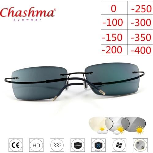 Titanium Rimless Glasses Myopia Glasses Photochromic glasses Men Women Chameleon Glasses Lens with Diopters -1.0 1.5 2.0 2.5 3.0