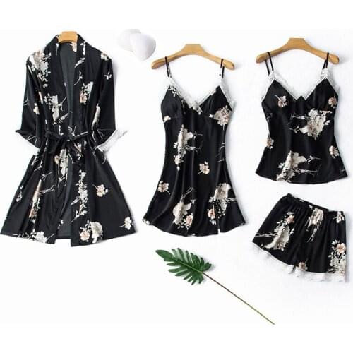 Summer Woemn Print Lace Rayon Pajamas Set Sexy V-Neck Nightgown&Shorts Pyjamas Suit Bride Dressing Gown Loungewear Bath Homewear