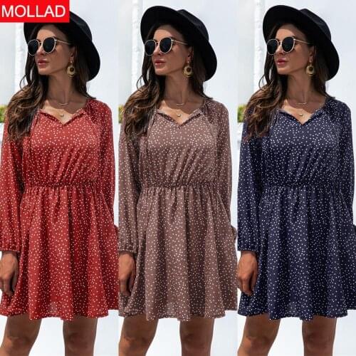 Fall 2021 New AliExpress Hot Sale V-neck Lace up Polka Dot Dress Long Sleeve Women Dreeses