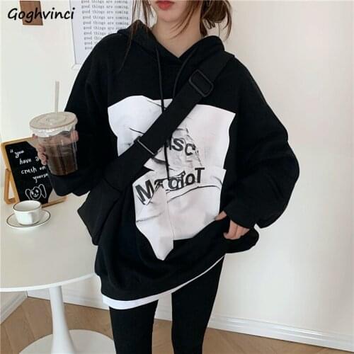 Plus Velvet Thicker with Hat Hoodies Women Letter Printed Fake Two Piece Drawstring Pocket Loose Chic New All-match Korean Style