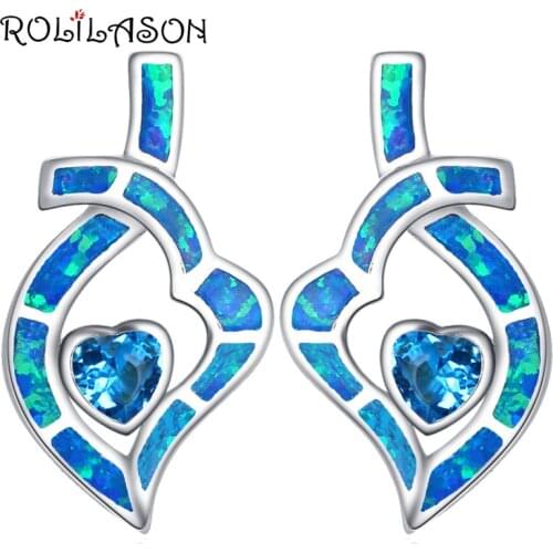 ROLILASON Victoria mysterious earrings for girls Blue Fire Opal Silver Stamped Stud Earrings Zirconia Fashion Jewelry OE719