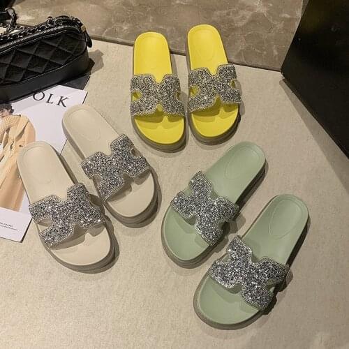 Free Shipping -2021 New Summer Fashion Thick-soled Womens Slippers, Casual Home Slippers, Rhinestones and Transparent Soles