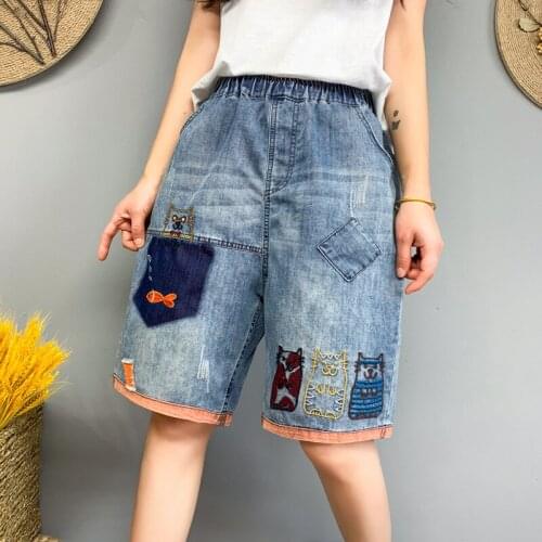 Summer Knee Length Shorts Jeans Women Harem Pants Vintage Harajuku Embroidery Ripped Distressed Femme Streetwear Denim Shorts