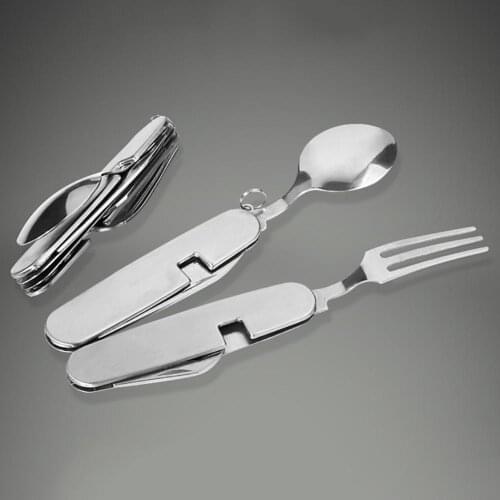 Outdoor Cutlery Stainless Steel 4 in 1 Folding Spoon Fork Knife Bottle Opener