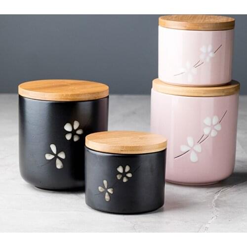 Japanese Ceramic Airtight Jar Wooden Lid Coffee Bean Tea Storage Jar Kitchen Food Storage Box Cherry Blossom Ceramic Decoration
