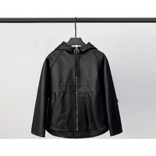 Spring 2021 New Leather Coat Womens Hooded Short Embroidered Leather Jacket Sheep Leather Motorcycle Casual Coat