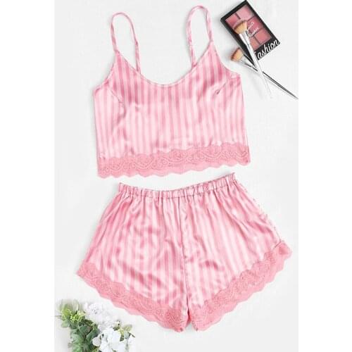 Women Sleep Wear Sexy Lingerie Satin Lace V-Neck Camisole Shorts Set Sleepwear Pajamas Women Sexy Clothes Strapless Home Wear
