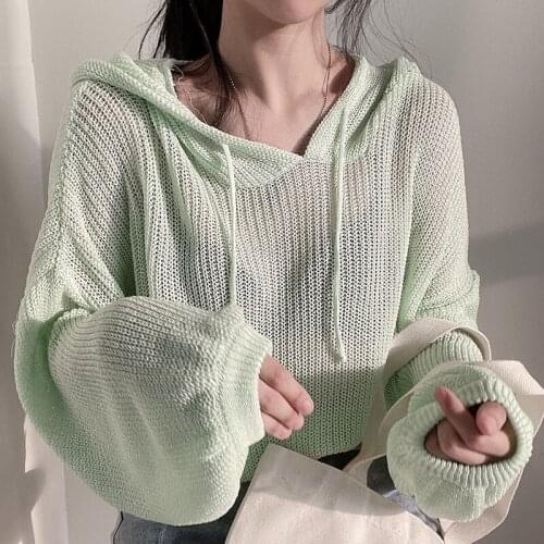 Autumn Loose Knitted Tops Women 2021 Flared Sleeve Drawstring Long Sleeve Hooded Knitwear Solid Knit Blouse Casual Knitting