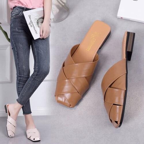 2021 Summer New Slippers Women Shoes Square Toe Solid Leather Shoes Woman Low Heel Square Cover Toe Ladies Shoes Slippers Slides
