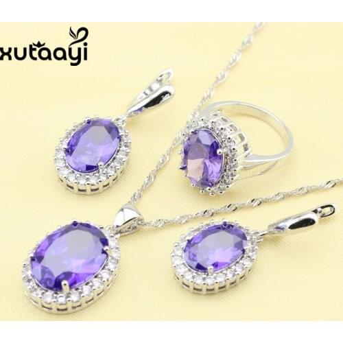 New Purple Created Created White Crystl Fashion Silver Jewelry Sets For Women Flawless Necklace Rings Earring Christmas Gift