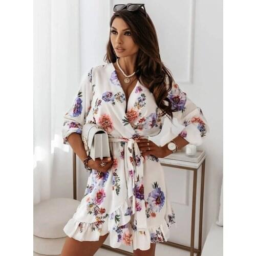 Womens V-Neck Long Sleeve Irregular Ruffle Print Dress Women Floral Print Party Dress Women Vintage Dresses