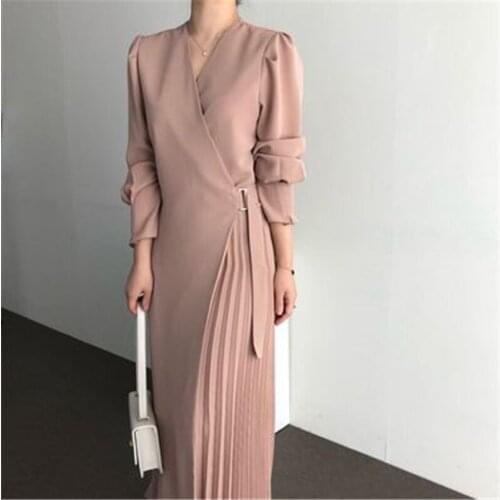 RUGOD Pleated Unequal Autumn Dress French Style Solid V Neck Long Sleeve Womens Clothing Elegant Chic Female Sundresses 2020