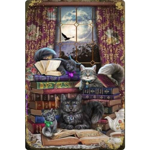 Retro Metal Tin Sign, Cat reading book metal tin sign Metal Tin Sign Wall Decoration/Bar, Restaurant, Cafe,Living room, bedroom