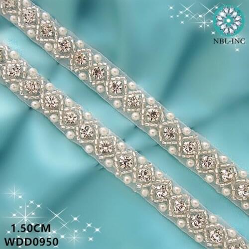 10 YARDS) Bridal beaded pearl Rhinestone Applique gold crystal trim iron on for wedding dress belt WDD0950