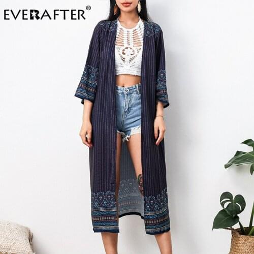 EVERAFTER Beach Cover Up Vintage Striped Kimono Long Blouse Women Floral Print Summer Casual Loose Chiffon Tops Shirts Ladies