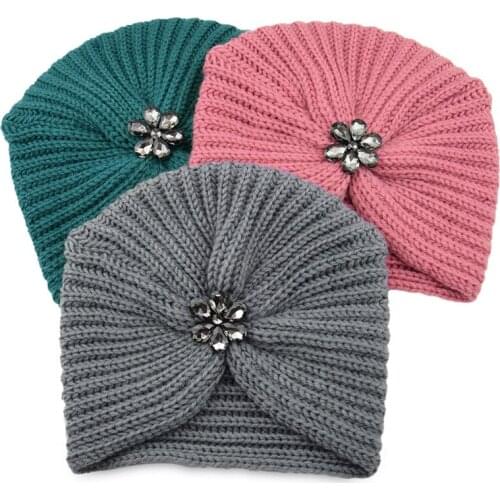 European and American Diamond Flower Woolen Hat Knitted Pullover Cap Crystal Indian Hat Bohemian Autumn and Winter Toe Cap