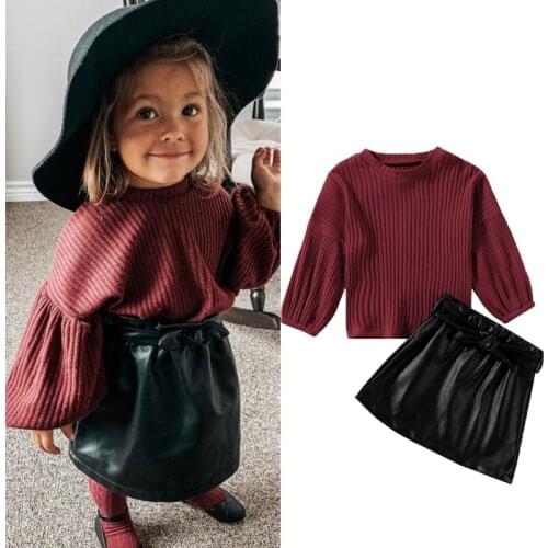 FOCUSNORM 0-5Y Autumn Fashion Kids Girls 2pcs Clothes Sets Solid Knitting Long Lantern Sleeve Sweater Tops+PU Leather Skirts