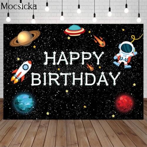 Universe Adventure Birthday Backdrop Spaceship Astronaut Boy Birthday Photography Background Outer Space Planet Decor Banner