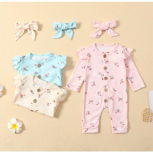 Toddler Baby Girl Floral Printing Rompers Baby Long Sleeve O-neck Button Jumpsuit Bowknot Headdress Suit Baby Rompers