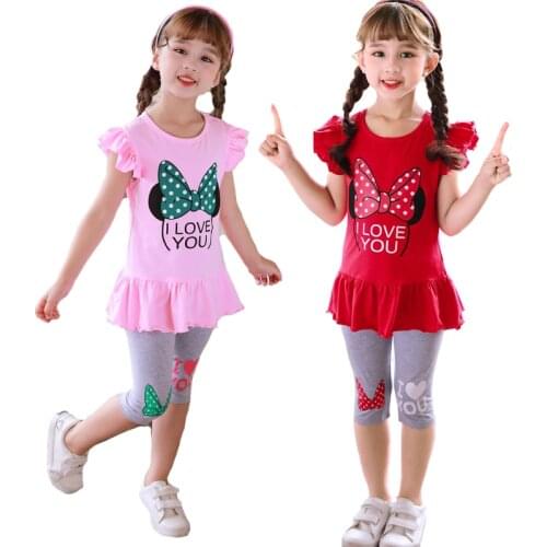 Summer Girls Clothing Set Cartoon Bow Cute Pure Cotton Suit For Girl T-shirt + Leggings 2 Pcs Children Clothing Kids Outfits