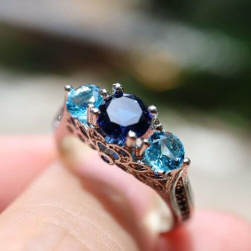 Fashion vintage blue Crystal Rings for women New trendy retro Rhinestone stone Ring classic copper Rings female engagment gift