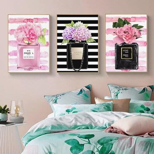 Fashion Perfume Bottle Poster Pink Flowers Art Print Canvas Painting Nordic Wall Picture Girl Room Decoration Beauty Salon Decor