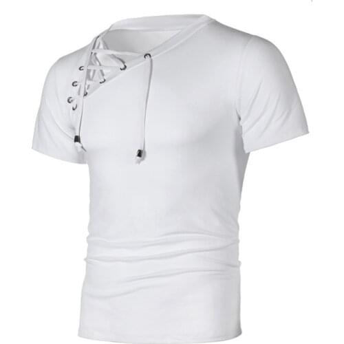 Tops M-3Xl2021 New Mens Fitness Gyms T Shirt Male Sexy Bandage Hollow Out White Short Sleeve T Shirt Men Sexy V Neck Tshirt
