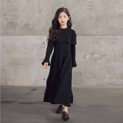 Elegant Teen Girls Black Maxi Dress Flare Sleeve Autumn Winter Party Ceremony Dress Muslim Clothes