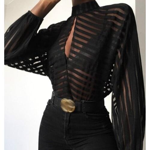 Made in China Sexy Women Sheer Mesh Long Puff Sleeve See Through Tee Shirt Black New