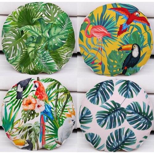 Tropical Plants Hibiscus Flower Cushion Covers Monstera Green Leaves Cushion Cover Decorative Linen Cotton Round Pillow Case