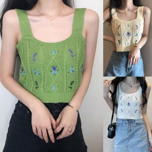 Y166 Women Summer Crochet Knitted Crop Tank Top Boho Floral Embroidery Argyle Striped Camisole Vintage Sleeveless Sweater Vest