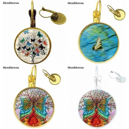 For Unisex Jewelry Glass Cabochon Bronze/Silver/Golden Clip Ear Hook Drop Earrings Tree of life and butterfly