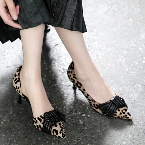 Spring Autumn New Womens Fashion Leopard Bow Pointed Stiletto High Heels Pumps Female Party Dress Shoes Wedding Shoe 255-1