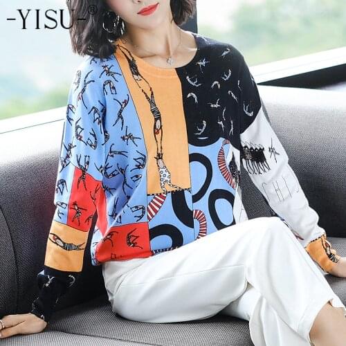 YISU Women Sweater 2020 New Cartoon character Print Cute Loose Long Sleeve O-neck Pullovers Autumn Winter Soft Printed sweater
