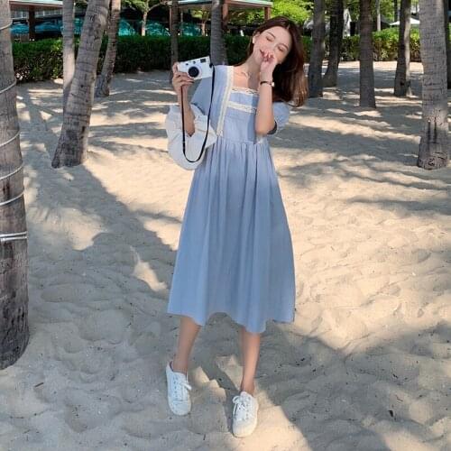 Large Size Women Cotton Hemp Loose Waist Dress Lace Patchwork Square Collar Casual Blue Yellow Black Vestidos Elegantes