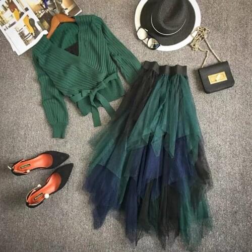 Womens sexy kimono V-neck knit sweater tops backless pullovers mesh tutu skirts suits autumn winter two piece set 2019 new green
