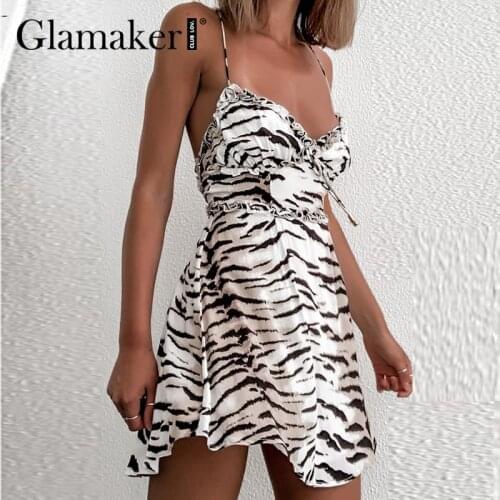 Glamaker Sexy backless Zebra pattern sleeveless dress Women Ruffles summer short dress Elegant party club mini vestidos new