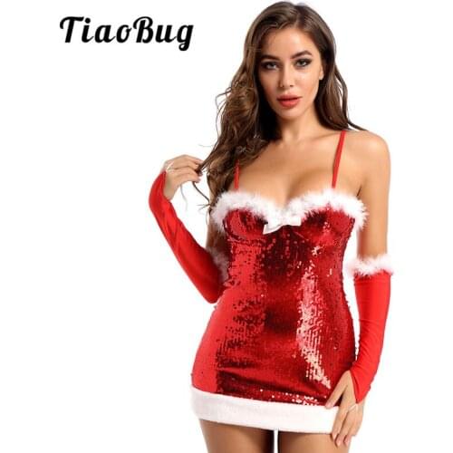 Women Red Sequins Mini Christmas Dress with Cuffs Waist Belt Sets Festival Rave Cosplay Fancy Party Clothes Ladies Xmas Costume