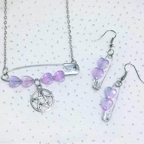 Sweet Purple Crystal Love Heart Pin Necklace for Women Girl Goth Vintage Pentagram Pendant Choker Necklace Y2K Accessories Gifts