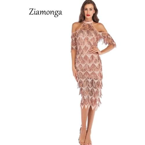 Ziamonga Fashion Elegant Bandage Tassel Sequined Dress Women Slim Evening Party Dresses Sexy Long Sleeve Bodycon Pencil Dress