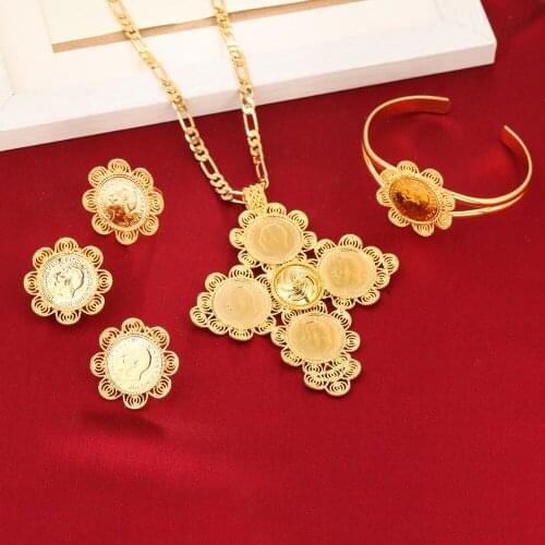 Traditional Ethiopian 5pcs Coin Wedding Jewelry Sets Gold Color Jewelry Bridal Romantic Jewelry for Women