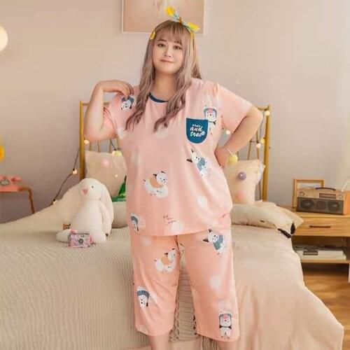 5XL summer womens cotton short-sleeved cropped trousers cartoon loose home clothes fat mm plus size pajamas 100 kg two-piece