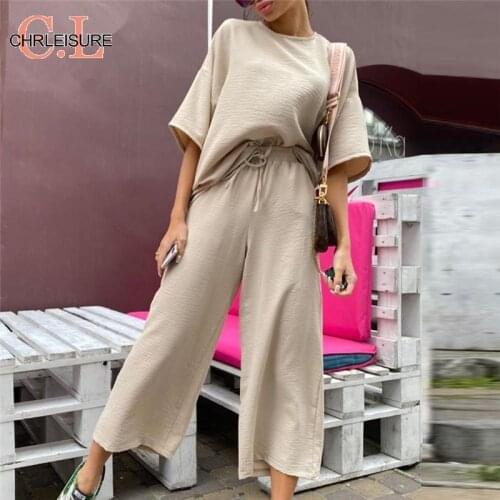 CHRLEISURE Womens Set Summer Casual Two Piece Set Short Sleeve Tops Shirt And Loose Beach Pants Set Sexy Suit Outfits